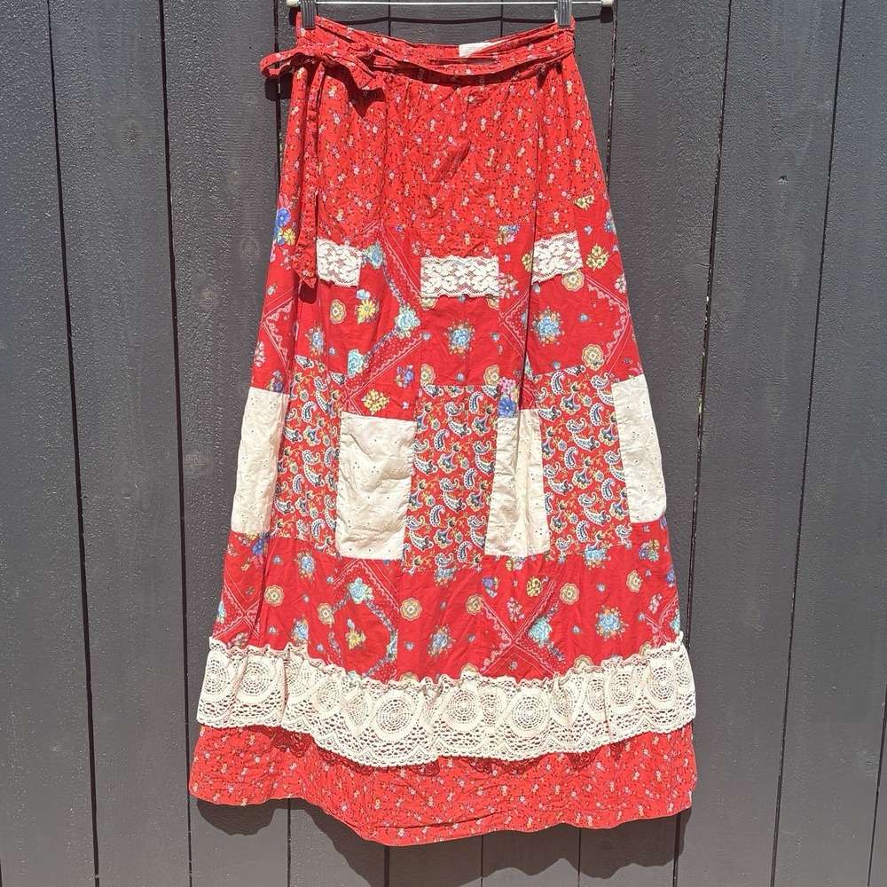 VTG Renee California Boho Patchwork Maxi Wrap Skirt L Cottage 70s Floral Prairie